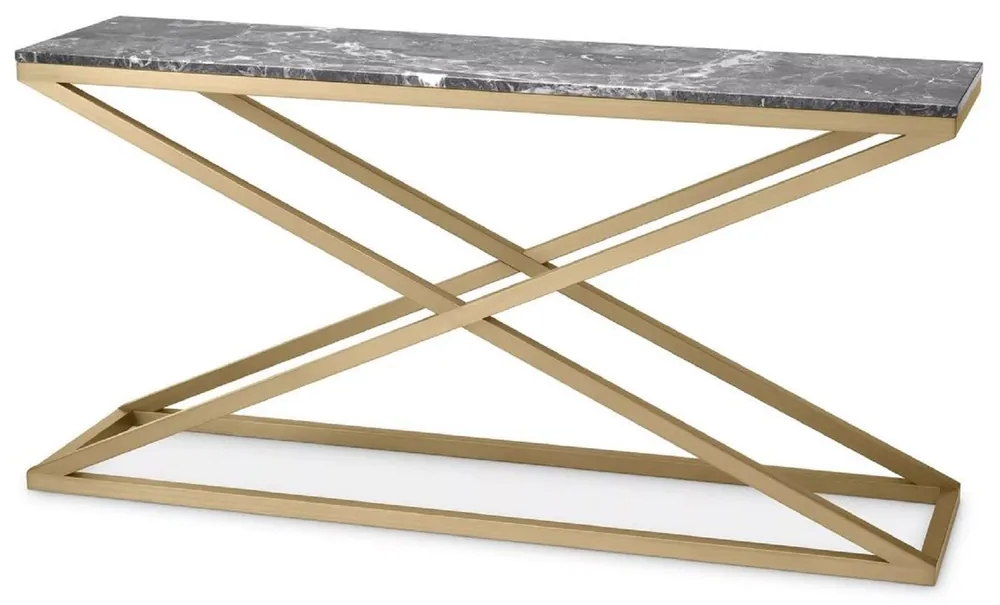 Preisknaller Casa Padrino console de luxe laiton / gris 150 x 40 x H. 74 cm - Console rectangulaire en acier inoxydable avec plateau en marbre - Mobilier de salon - Mobilier de luxe - Ameublement de luxe