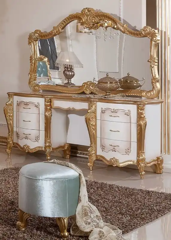 Casa Padrino ensemble de chambre baroque de luxe blanc / marron / or / turquoise - 1 Commode à Maquillage Baroque & 1 Miroir Baroque & 1 Tabouret Baroque - Meuble de chambre baroque Kracherpreis