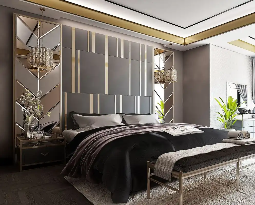 Aktuell Casa Padrino ensemble de chambre de luxe gris / or / argent - 1 Lit Double avec Tête de Lit et 2 Tables de Chevet - Mobilier de chambre de luxe - Mobilier d'hôtel - Mobilier de luxe