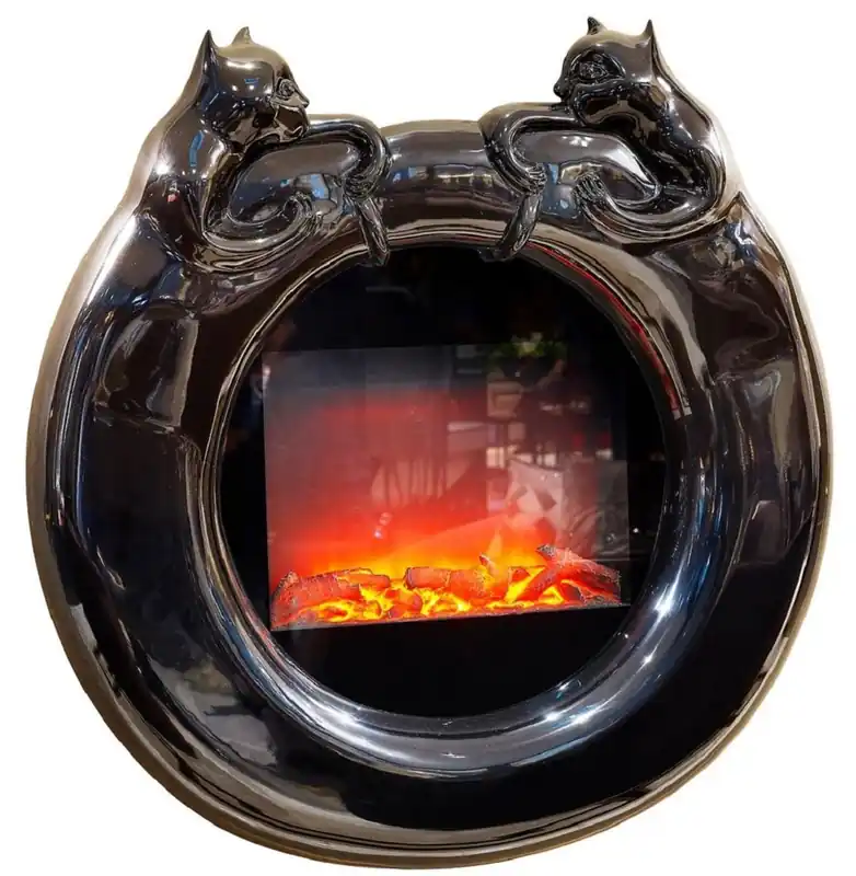 Neu Casa Padrino cheminée murale électrique de luxe noir brillant Ø 76 cm - Cheminée électrique LED ronde - Cheminée murale de chambre - Cheminée murale de salon - Qualité de luxe - Fabriqué en Italie