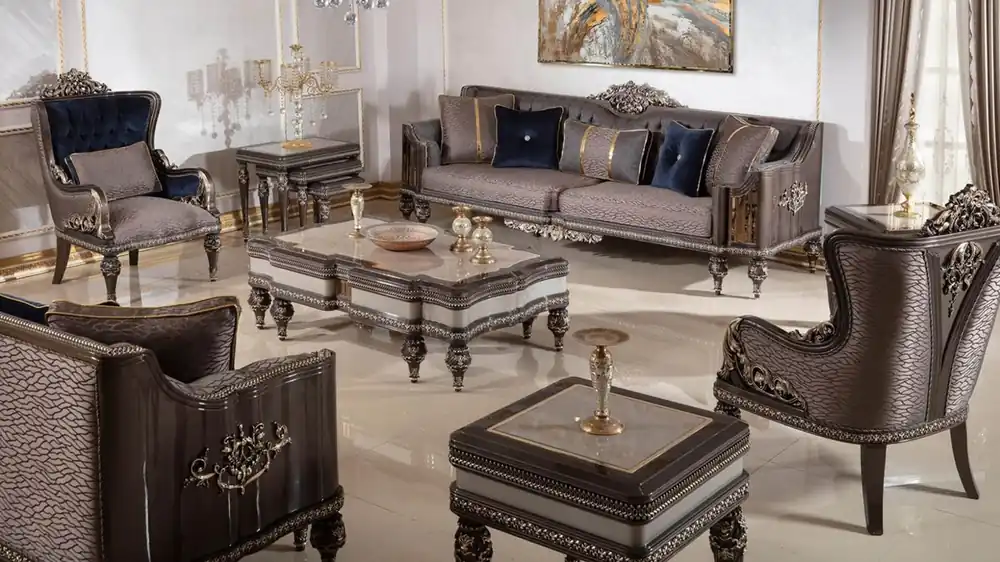 Casa Padrino ensemble de salon baroque de luxe gris / marron foncé / or - 2 Canapés & 2 Fauteuils & 1 Table Basse & 2 Tables d'Appoint - Mobilier de salon baroque - Noble & Magnifique Neu