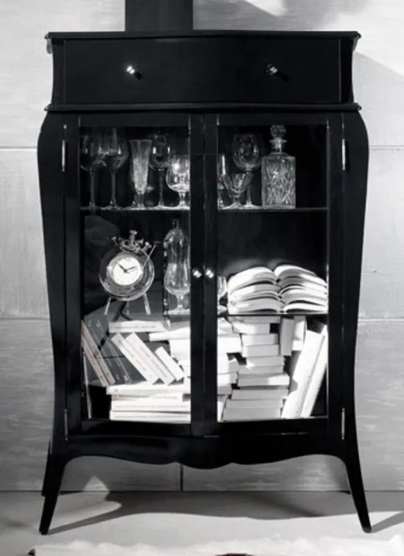Echt Casa Padrino vitrine baroque de luxe noir brillant - Vitrine en bois massif avec 2 portes vitrées et tiroir - Meuble de luxe de style baroque - Meuble baroque - Ameublement baroque