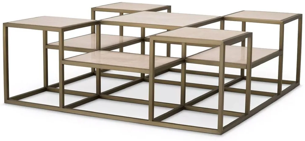Casa Padrino table basse de luxe laiton / beige 120 x 120 x H. 41,5 cm - Table de salon carrée en acier inoxydable avec plateaux en travertin - Meuble de salon de luxe - Ameublement de luxe Versand Am Gleichen Tag