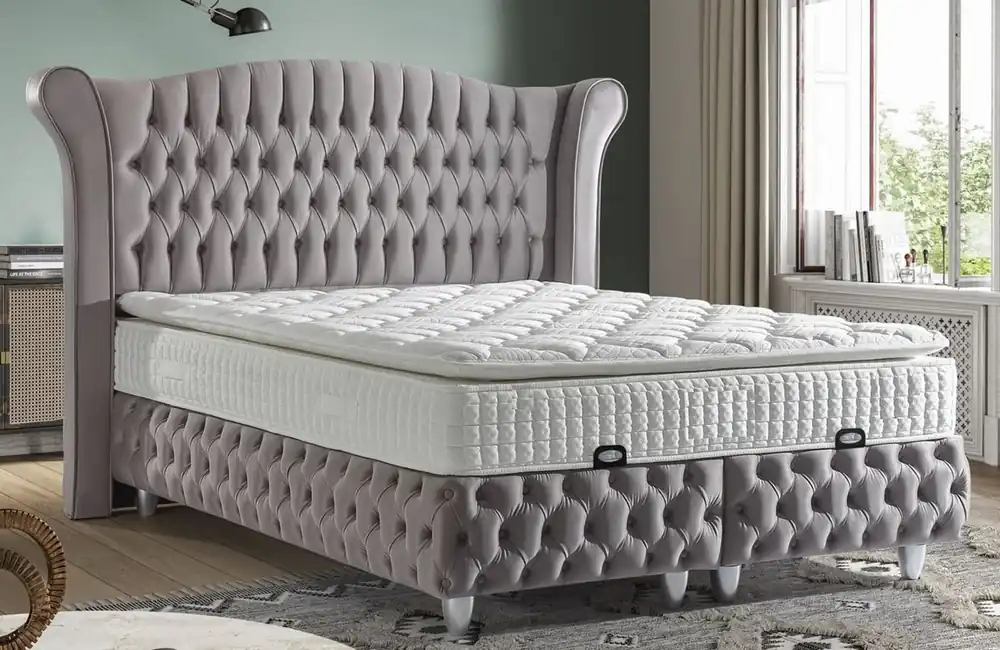 Neu Casa Padrino lit double Chesterfield de luxe gris / argent - Différentes Tailles - Lit en bois massif avec tête de lit et matelas - Mobilier de chambre - Mobilier Chesterfield - Mobilier de luxe