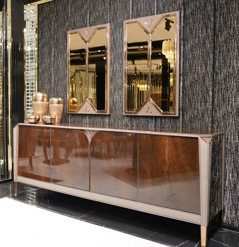 Schnäppchen Casa Padrino ensemble de meubles de luxe marron foncé / gris / cuivre / or - 1 Buffet de Luxe avec 4 Portes et 2 Miroirs Muraux de Luxe - Meuble de salle à manger - Meuble de luxe