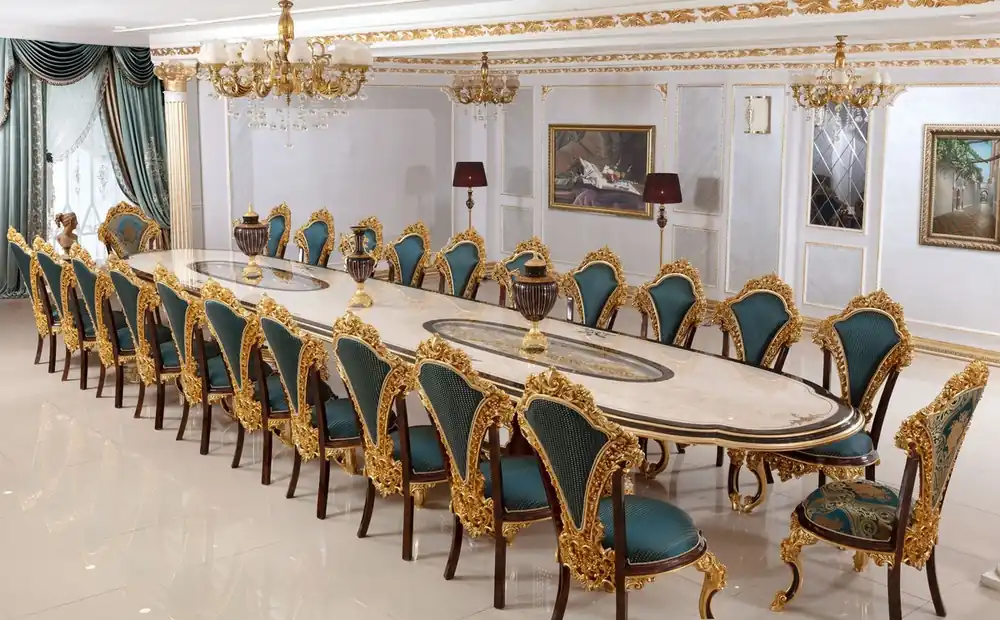 Casa Padrino ensemble de salle à manger baroque de luxe blanc / marron / bleu / or - 1 Table à Manger et 22 Chaises à Manger - Mobilier d'hôtel - Mobilier de château - Mobilier de palais Begrenztes Angebot