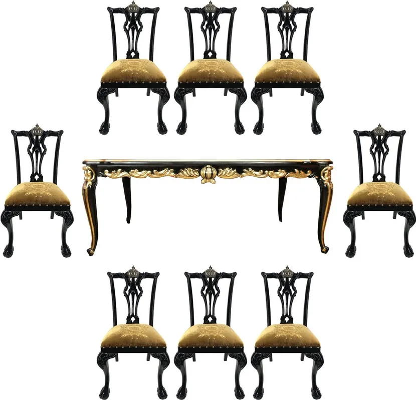 Pompöös de Casa Padrino Ensemble de Salle à Manger Baroque de Luxe Couronne Or / Noir - Pompöös Table à Manger Baroque avec Plateau en Verre et 8 Chaises par Harald Glööckler - Meubles de Baroque Billig