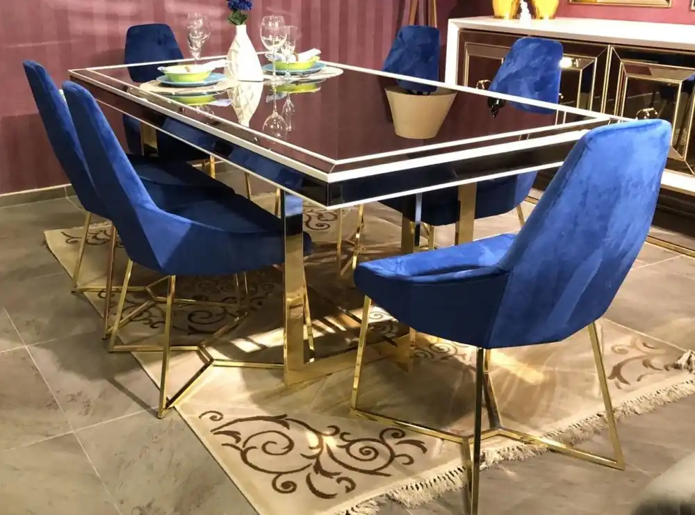 Expressversand Casa Padrino ensemble de 6 chaises de salle à manger de luxe bleu / or 54 x 53 x H. 98 cm - Chaises de cuisine de luxe - Mobilier de salle à manger - Mobilier de cuisine - Mobilier de luxe