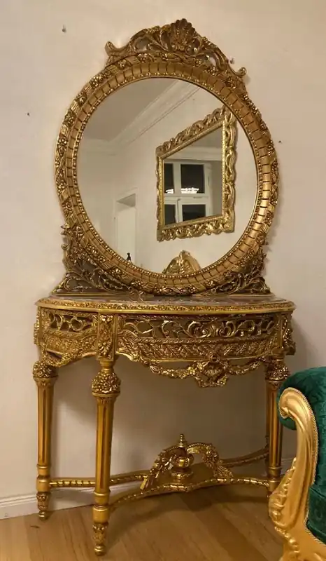 Solange Der Vorrat Reicht Casa Padrino console miroir baroque avec dessus en marbre or / gris - Magnifique console baroque avec miroir - Meuble armoire style baroque - Meuble baroque - Meuble style ancien