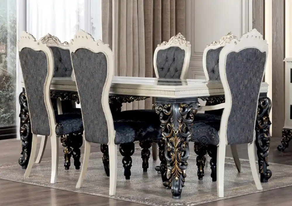 Expressversand Casa Padrino ensemble de salle à manger baroque de luxe bleu / blanc / bronze / or - 1 Table à Manger Baroque et 6 Chaises de Salle à Manger Baroques - Meuble de style baroque - Noble & Magnifique