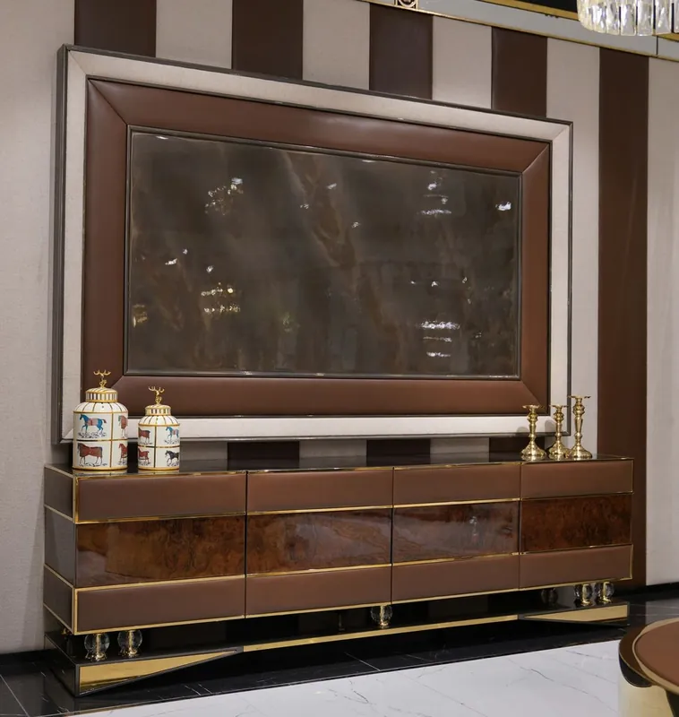 Casa Padrino ensemble de armoire TV de luxe marron / naturel / gris / or - Buffet de salon avec 4 portes et mur de TV - Meuble de salon - Meuble de luxe - Ameublement de salon de luxe Schnäppchen