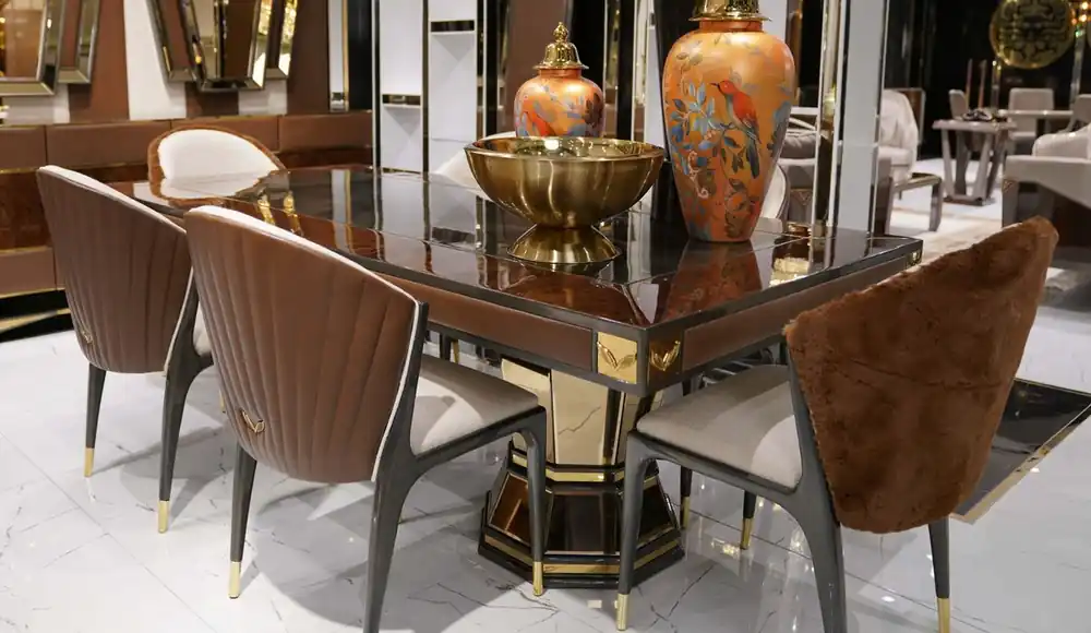 Saisonangebot Casa Padrino ensemble de salle à manger de luxe naturel / marron / gris / or - 1 Table à Manger de Luxe et 6 Chaises de Salle à Manger de Luxe - Meubles de salle à manger - Meubles de luxe