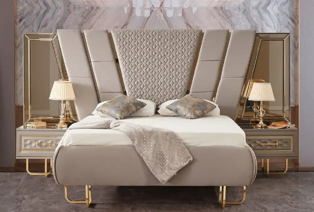 Casa Padrino ensemble de chambre Art Déco de luxe gris / or - 1 Lit Double avec Tête de Lit et 2 Tables de Chevet - Mobilier de chambre - Mobilier Art Déco - Mobilier de luxe Jetzt Kaufen