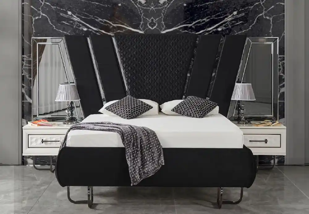 Rabatt Casa Padrino ensemble de chambre Art Déco de luxe noir / blanc / bronze - 1 Lit Double avec Tête de Lit et 2 Tables de Chevet - Mobilier de chambre - Mobilier Art Déco - Mobilier de luxe