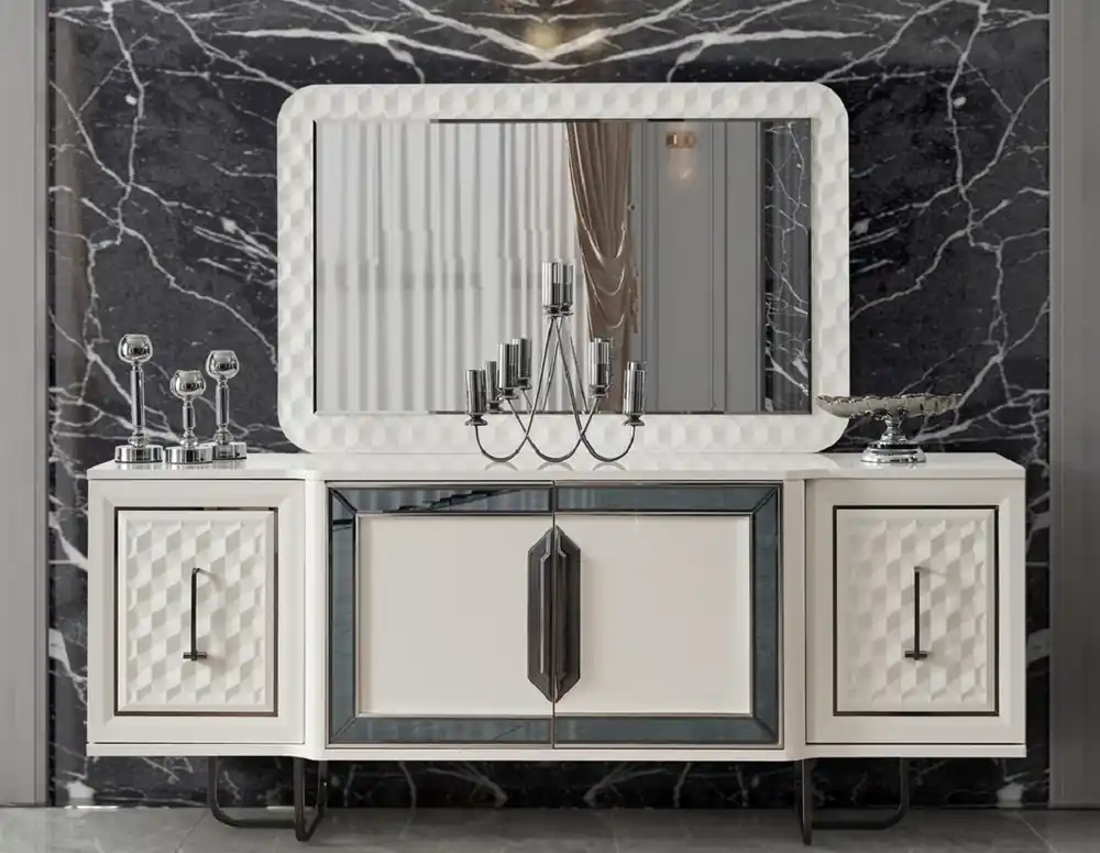 Jetzt Bestellen Casa Padrino Ensemble de Meubles Art Déco de Luxe Blanc / Bronze - 1 Buffet Art Déco de Luxe avec 4 Portes & 1 Miroir Art Déco de Luxe - Meubles Art Déco - Meubles de Luxe - Mobilier Art Déco de Luxe