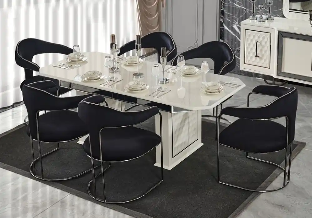 Casa Padrino ensemble de salle à manger Art Déco de luxe noir / blanc / bronze - 1 Table à Manger Extensible et 6 Chaises à Manger avec Accoudoirs - Meubles de salle à manger Art Déco de luxe Online Kaufen