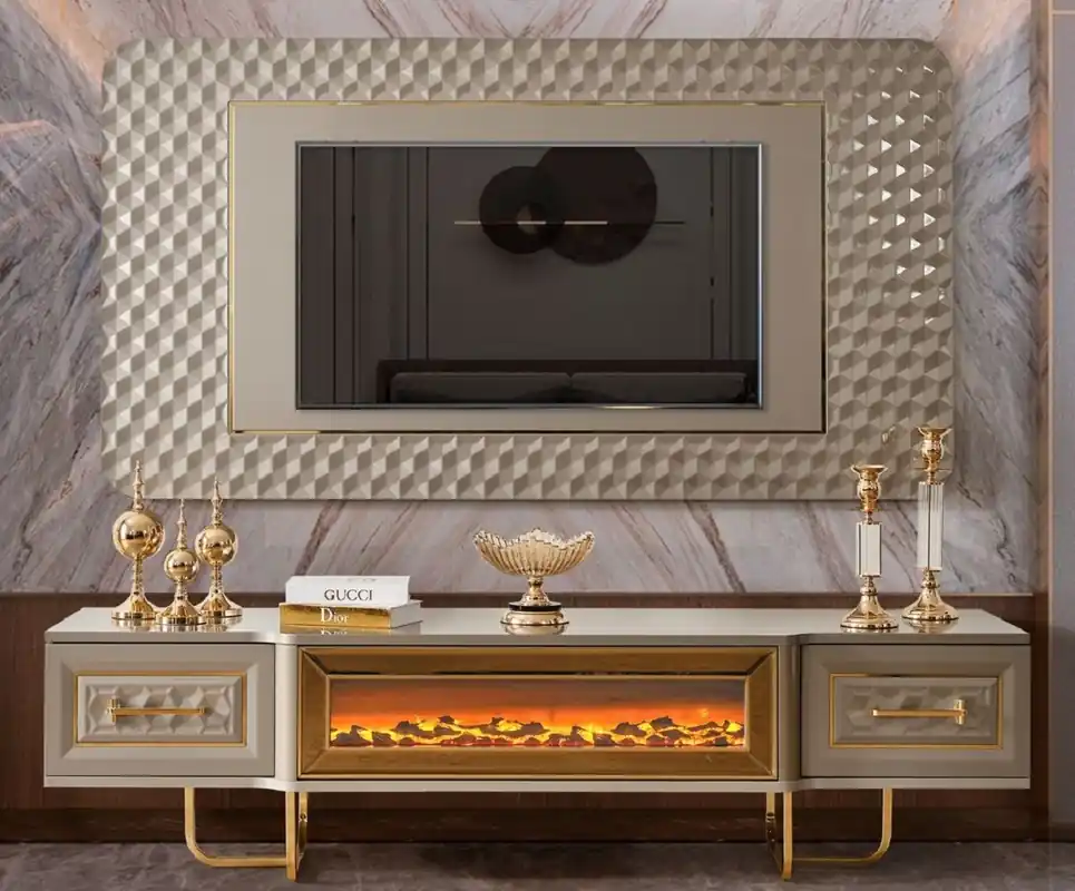 Casa Padrino ensemble de meuble TV Art Déco de luxe gris / or - Buffet de salon avec cheminée électrique LED et mur de fond TV - Meuble Art Déco - Meuble de salon - Meuble de luxe Neuheit