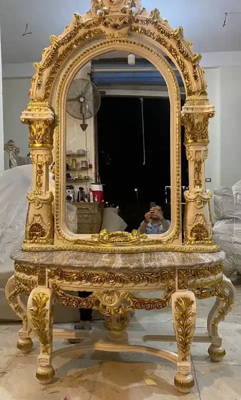 Neuheit Casa Padrino console miroir baroque avec dessus en marbre crème / or / gris - Magnifique console baroque avec miroir - Meuble armoire style baroque - Meuble baroque - Meuble style ancien