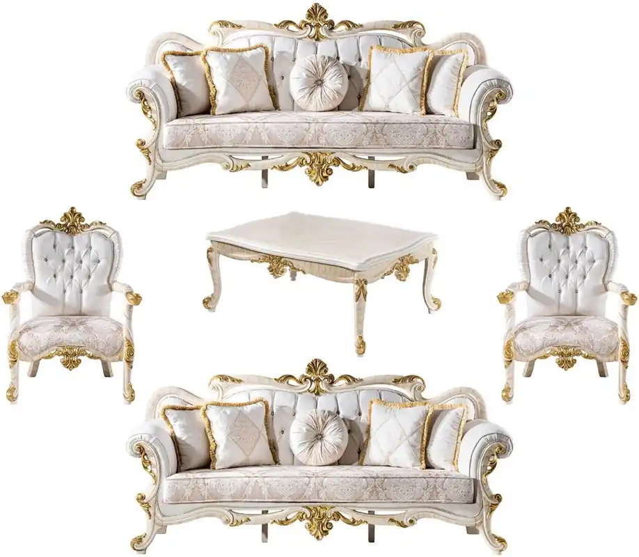 Jetzt Bestellen Casa Padrino ensemble de salon baroque de luxe blanc / marron / blanc / beige / or - 2 Canapés Baroques & 2 Fauteuils Baroques & 1 Table Basse Baroque - Meuble de luxe de style baroque