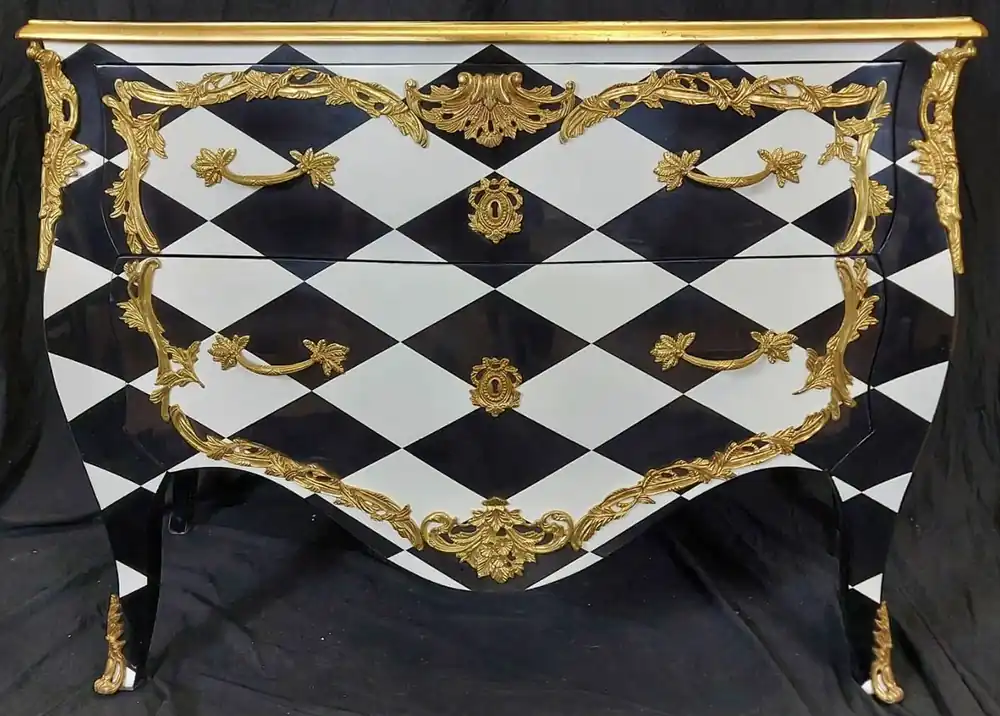 Casa Padrino commode baroque avec motif à carreaux et 2 tiroirs noir / blanc / or - Commode en bois massif fait main de style baroque - Meuble de chambre de style baroque - Meuble baroque Sonderangebot