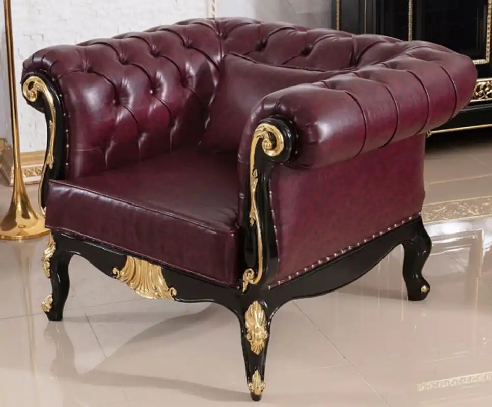 Kracherpreis Casa Padrino fauteuil baroque Chesterfield de luxe en cuir bordeaux rouge / noir / or - Magnifique fauteuil de salon en cuir véritable - Meuble de salon de luxe de style baroque