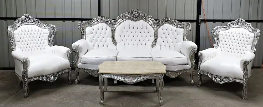 Casa Padrino ensemble de salon baroque de luxe blanc / argent - 1 Canapé Cuir Artificiel Baroque & 2 Fauteuils Cuir Artificiel Baroques - Meuble de salon de style baroque - Meuble baroque Heißes Angebot