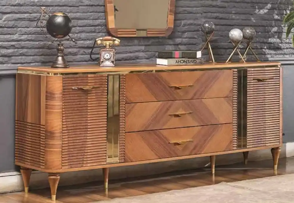 Casa Padrino buffet Art Déco de luxe marron / or 200 x 42 x H. 72 cm - Armoire en bois massif noble avec 2 portes et 3 tiroirs - Meuble Art Déco - Mobilier de Luxe Kracherpreis