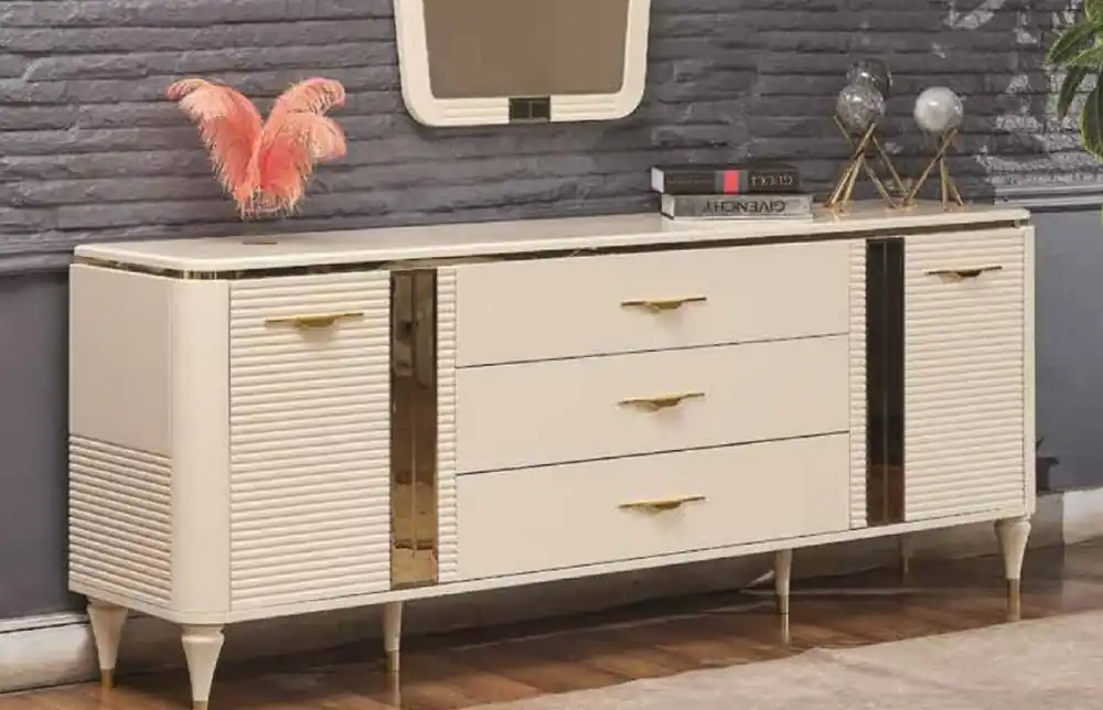Schnäppchen Casa Padrino buffet Art Déco de luxe crème / or 200 x 42 x H. 72 cm - Armoire en bois massif noble avec 2 portes et 3 tiroirs - Meuble Art Déco - Mobilier de Luxe