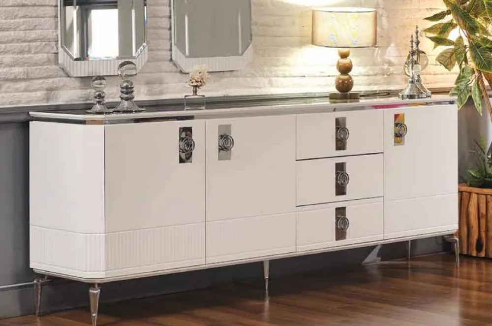 Casa Padrino buffet Art Déco de luxe blanc / argent 200 x 41 x H. 77 cm - Armoire en bois massif noble avec 3 portes et 3 tiroirs - Meuble Art Déco - Mobilier de Luxe Preisreduziert