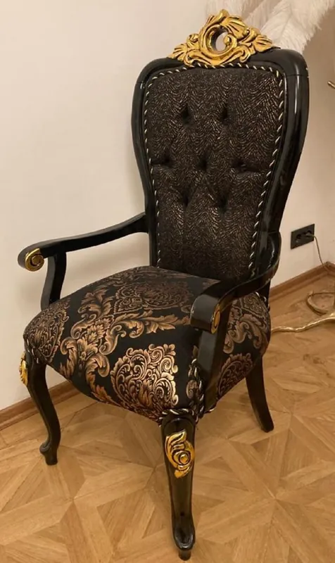 Echt Casa Padrino chaise de salle à manger baroque de luxe avec accoudoirs noir / or - Meuble de salle à manger de style baroque - Meuble de luxe de style baroque - Meuble baroque