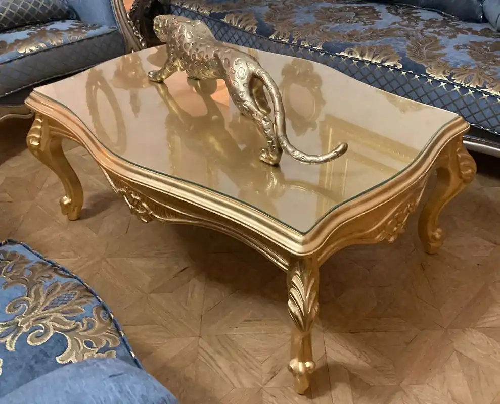 Zertifiziert Casa Padrino table basse baroque de luxe avec plaque de verre or - Table de salon rectangulaire en bois massif de style baroque - Meuble baroque - Meuble de luxe de style baroque