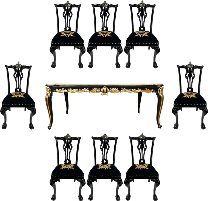 Pompöös de Casa Padrino Ensemble de Salle à Manger Baroque de Luxe Couronne Noir / Or - Pompöös Table à Manger Baroque avec Plateau en Verre et 8 Chaises par Harald Glööckler - Meubles de Baroque Sofort Bestellen