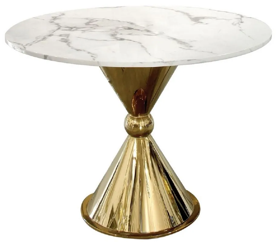 Casa Padrino table de salle à manger de luxe blanc / or Ø 100 x H. 75 cm - Table de salle à manger ronde avec plateau en marbre artificiel - Meuble de salle à manger - Meuble de luxe Begrenztes Angebot