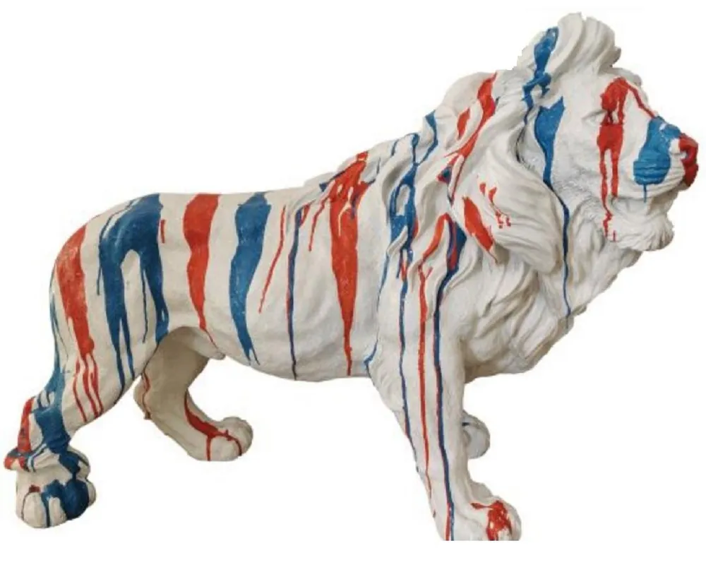 Casa Padrino sculpture décorative de luxe lion blanc / bleu / rouge 100 x H. 68 cm - Grande figurine décorative - Figurine animalière - Sculpture décorative XXL - Figurine décorative XXL Geprüft