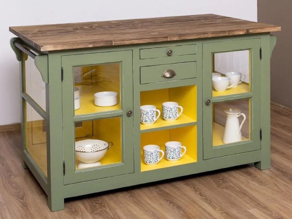 Letzte Chance Casa Padrino ilot de cuisine campagnard vert / jaune / marron 150 x 90 x H. 90 cm - Meuble de cuisine en bois massif de style campagnard - Meuble de salle à manger bois massif de style campagnard