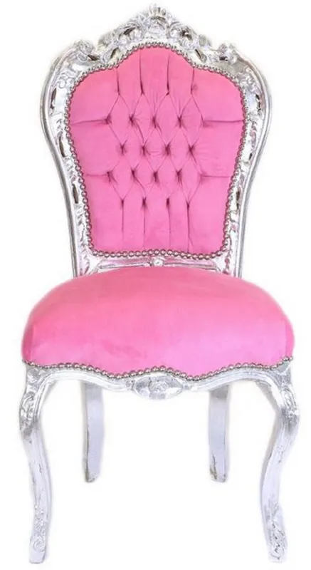 Casa Padrino chaise de salle à manger baroque rose / argent - Chaise de style antique fait main avec tissu en velours fin - Meuble de salle à manger style baroque - Meuble baroque Neue Kollektion