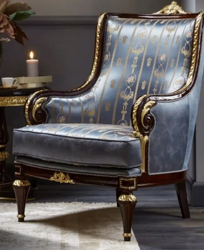 Casa Padrino fauteuil baroque de luxe bleu / marron foncé / or - Magnifique fauteuil de salon - Meuble de salon de style baroque - Meuble de luxe de style baroque - Ameublement baroque Heißes Angebot