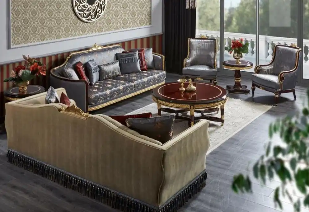 Casa Padrino ensemble de salon baroque de luxe beige / bleu / marron foncé / or - 2 Canapés & 2 Fauteuils & 1 Table Basse & 2 Tables d'Appoint - Mobilier de salon baroque - Noble & Magnifique Geprüft