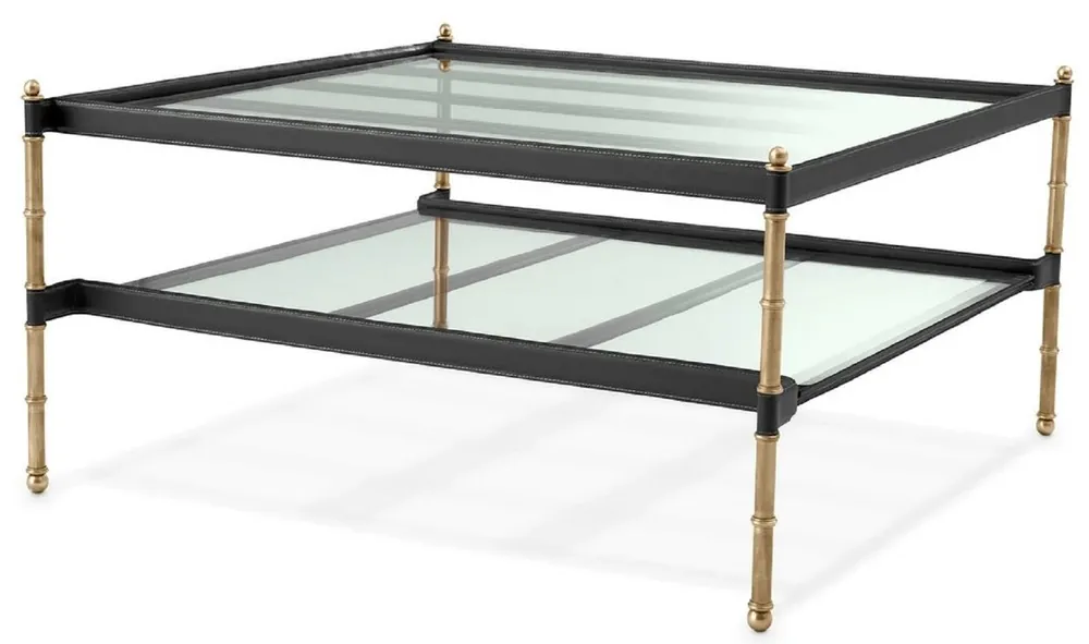 Casa Padrino table basse de luxe laiton vintage / noir 89 x 87,5 x H. 44 cm - Table de salon avec plateaux en verre et cuir véritable - Meuble de salon - Meuble d'hôtel - Meuble de luxe Sonderaktion