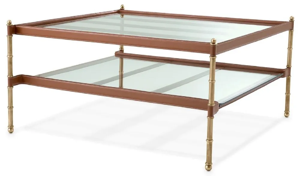 Bestseller Casa Padrino table basse de luxe laiton vintage / marron 89 x 87,5 x H. 44 cm - Table de salon avec plateaux en verre et cuir véritable - Meuble de salon - Meuble d'hôtel - Meuble de luxe