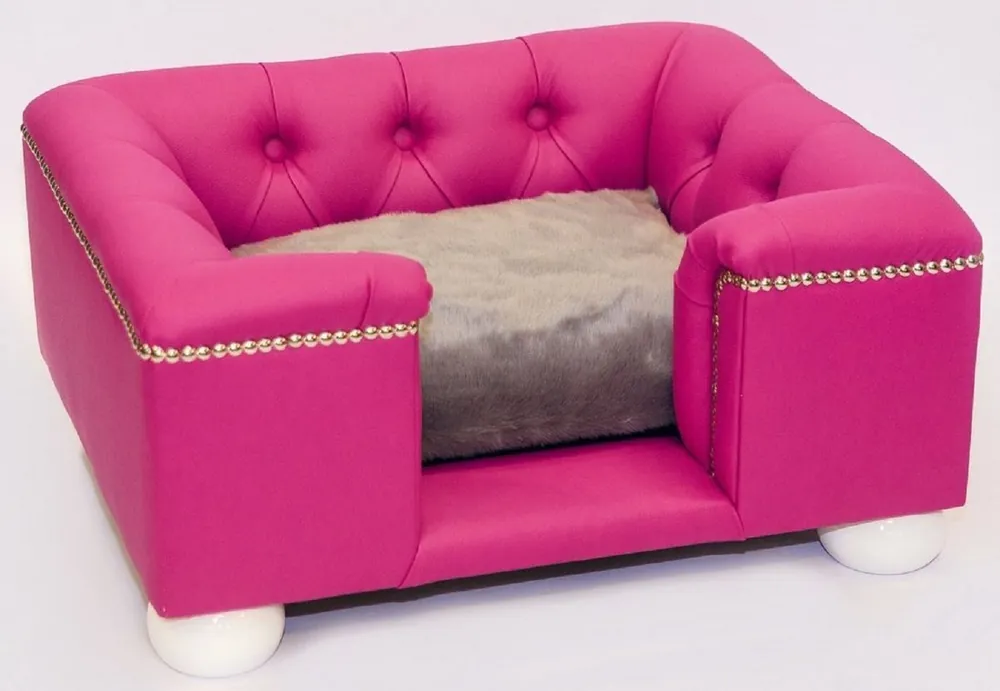 Casa Padrino lit pour chien en cuir Chesterfield de luxe rose / blanc / gris 80 x 65 x H. 37 cm - Lit pour chien rectangulaire en cuir véritable - Meubles pour animaux en cuir - Meubles pour chiens Sonderangebot