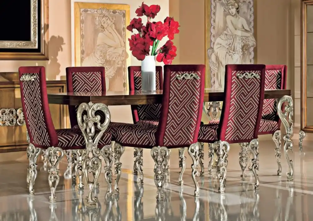 Markenprodukt Casa Padrino ensemble de salle à manger baroque de luxe marron / bordeaux rouge / argent antique - 1 Table à Manger Baroque et 6 Chaises à Manger Baroques - Meuble baroque - Fabriqué en Italie