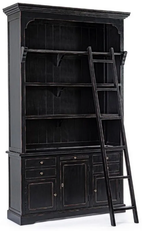 Casa Padrino armoire de style campagnard avec échelle noir antique 143,5 x 40,6 x H. 233,7 cm - Armoire à livres - Armoire de Salon - Armoire d'étagère - Meubles de Style Campagnard Nur Heute