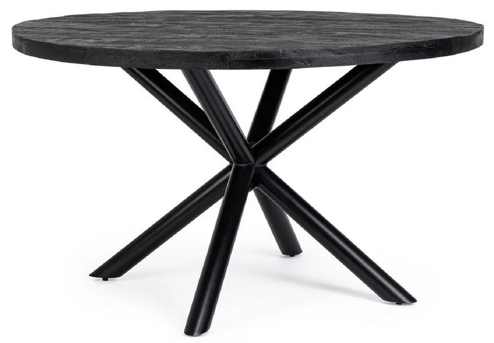 Preiswert Casa Padrino table à manger de luxe noir Ø 130 x H. 76 cm - Table de cuisine ronde avec plateau en bois massif et pieds en acier poudré - Meuble de salle à manger - Meuble de luxe