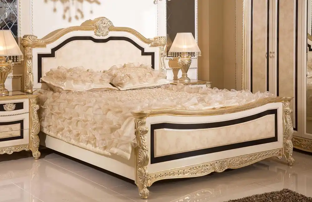 Casa Padrino lit double baroque de luxe blanc / beige / noir / or - Magnifique lit de style baroque - Meuble de chambre de luxe de style baroque - Meuble de chambre baroque - Ameublement baroque Heißes Angebot