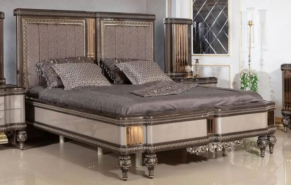 Online Kaufen Casa Padrino lit double baroque de luxe gris / marron foncé / or - Magnifique lit en bois massif - Meuble de chambre de luxe de style baroque - Meuble de chambre baroque