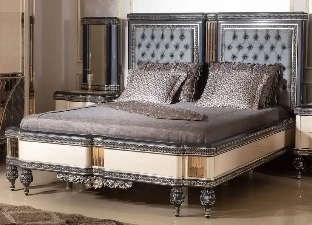 Casa Padrino lit double baroque de luxe bleu clair / beige / noir / or - Magnifique lit en bois massif - Meuble de chambre de luxe de style baroque - Meuble de chambre baroque Markenprodukt