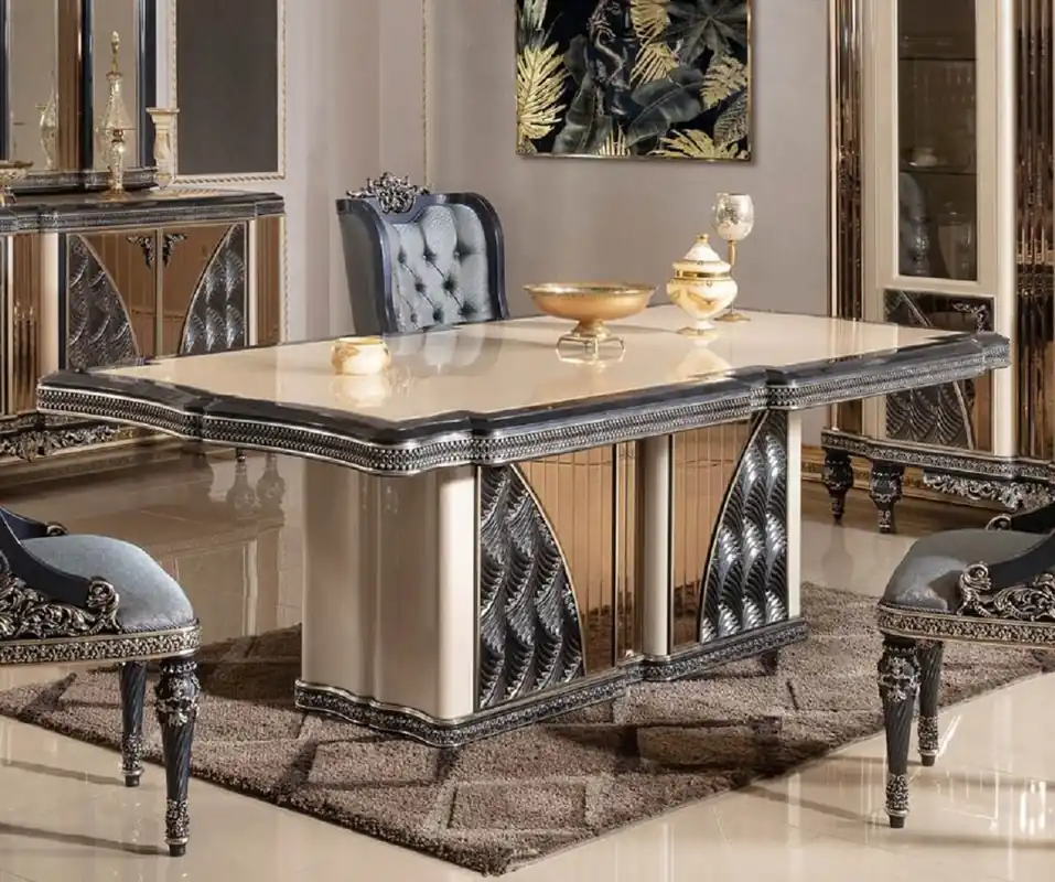 Casa Padrino table à manger baroque de luxe beige / noir / or - Table de cuisine rectangulaire de style baroque - Meuble de salle à manger baroque de luxe - Ameublement baroque Neue Kollektion