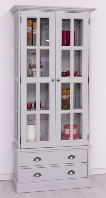 Casa Padrino vitrine de style campagnard gris clair 91 x 47 x H. 200 cm - Vitrine en bois massif avec 2 portes et 2 tiroirs - Meuble style campagnard - Meuble bois massif - Meuble de salle à manger Preiswert