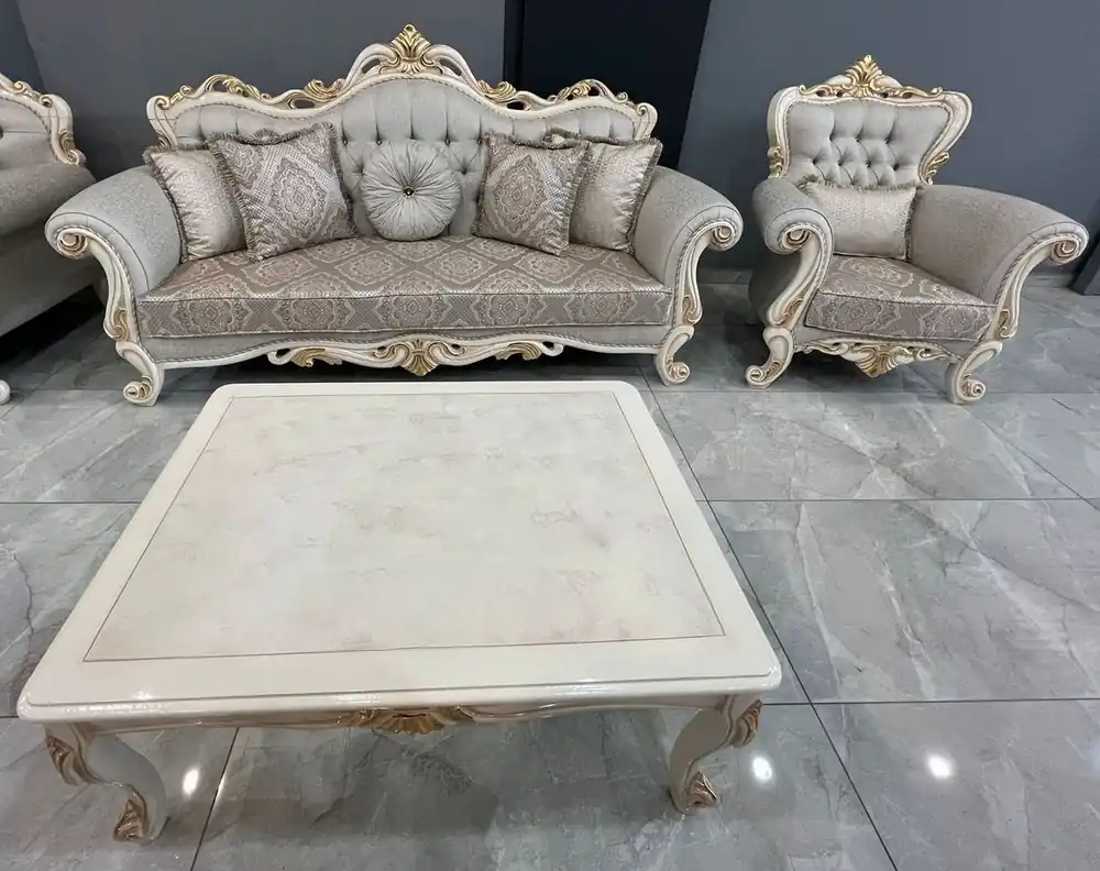 Preiswert Casa Padrino ensemble de meubles de salon baroque de luxe gris / blanc / or - 2 Canapés Baroques & 2 Fauteuils Baroques & 1 Table Basse Baroque - Meuble de salon de luxe de style baroque